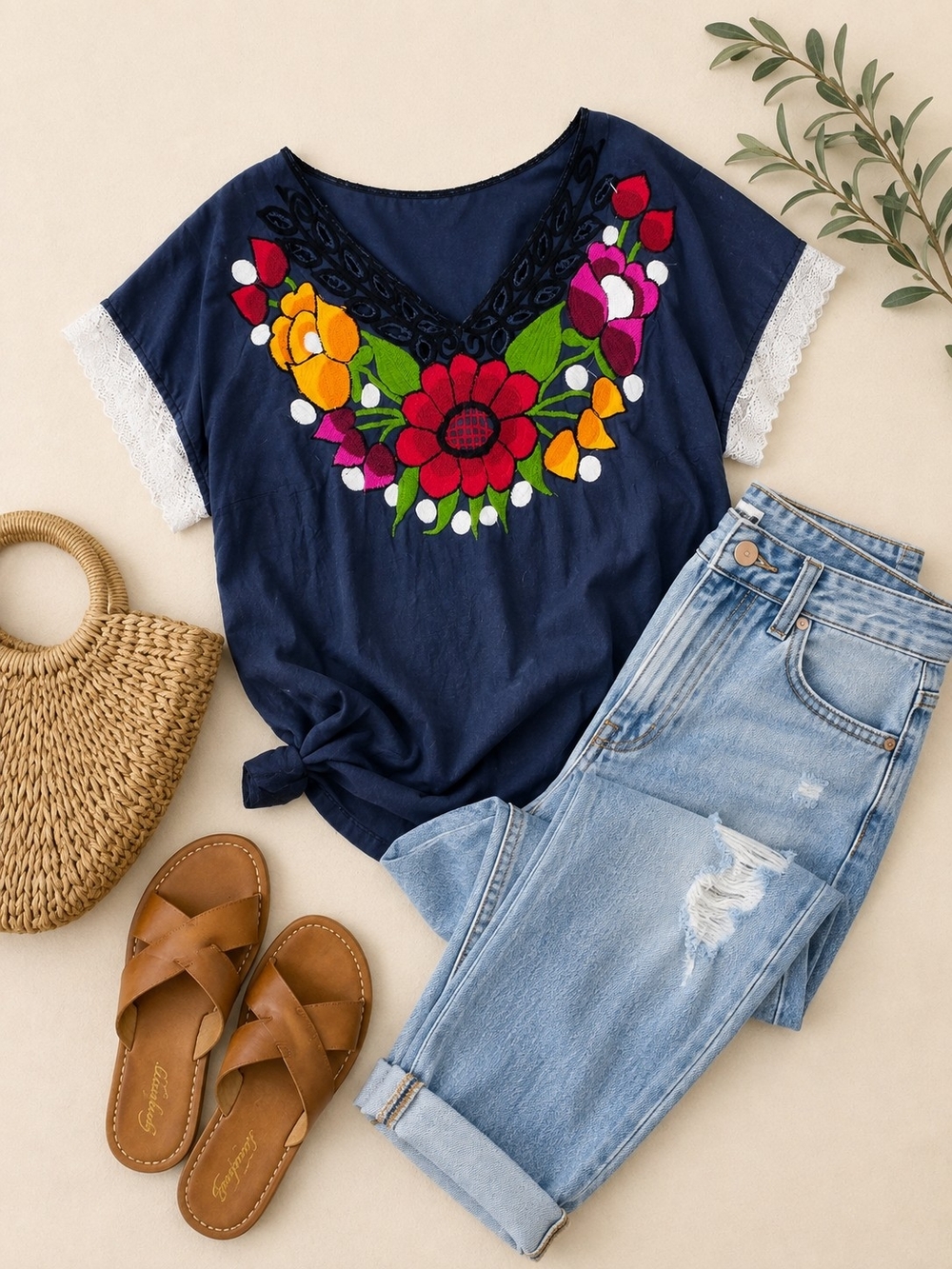 Embroidered Navy Floral V-Neck Women's Top